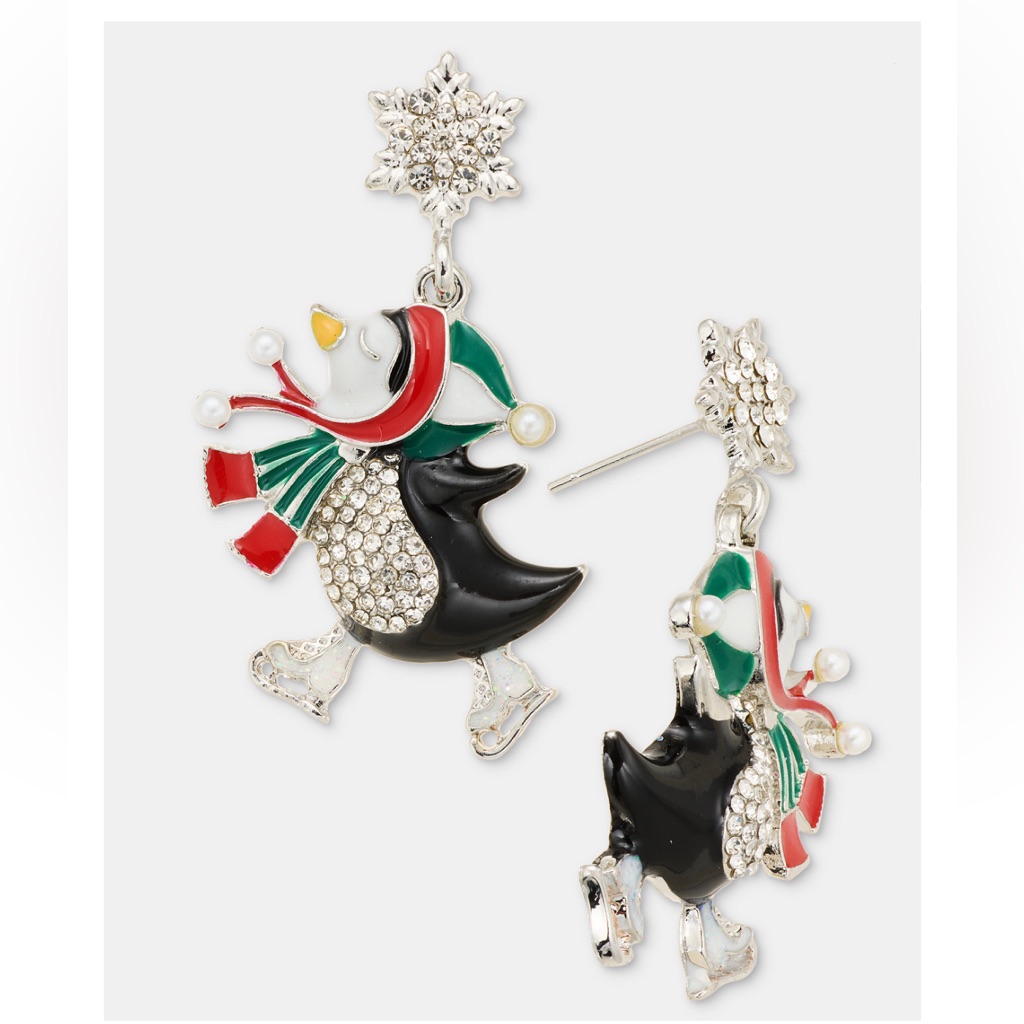 Holiday Lane Pave Faux Pearl Penguin Drop Earrings Christmas Silver Green Red 18$